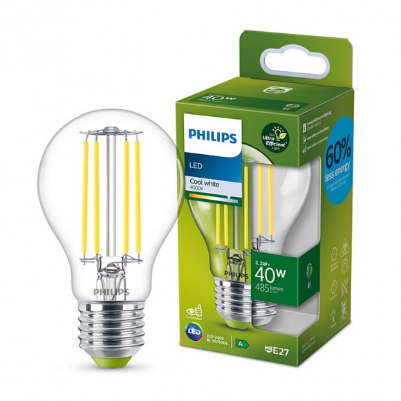 Philips 8719514343740 LED-Leuchtmittel 1x2,3W/60W | E27 | 485lm | 4000K - klar, ultraeffizient