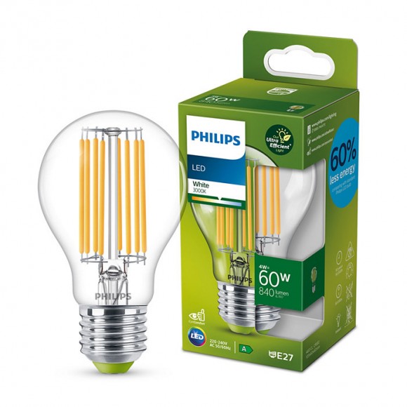 Philips 8719514343788 LED-Leuchtmittel 1x4W/60W | E27 | 840lm | 3000K - klar, ultraeffizient