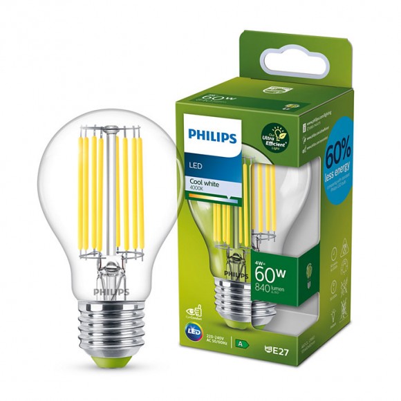 Philips 8719514343801 LED-Leuchtmittel 1x4W/60W | E27 | 840lm | 4000K - klar, ultraeffizient