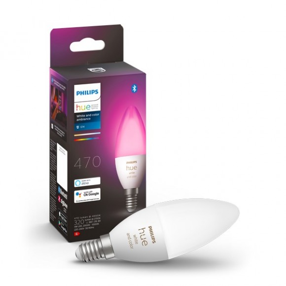 Philips Hue 8719514356610 LED Smart Lampe 1x4w | E14 | 320-470lm | 2000-6500K - White and color Ambiance, dimmbar, Bluetooth, weiß
