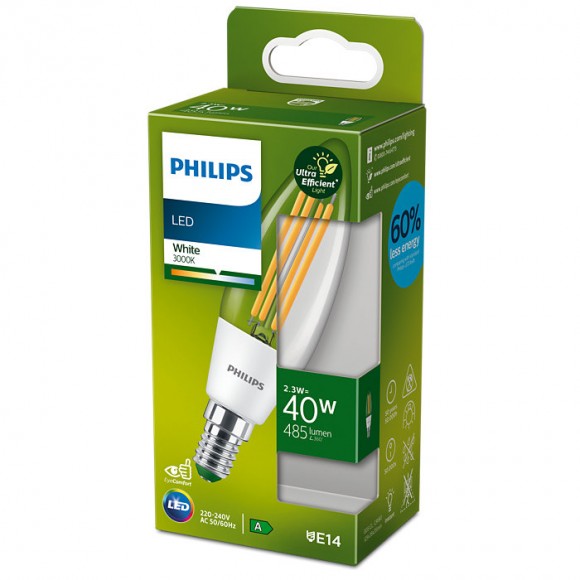 Philips 8719514435759 LED-Leuchtmittel 1x2,3W/40W | E14 | 485lm | 3000K - klar, ultraeffizient