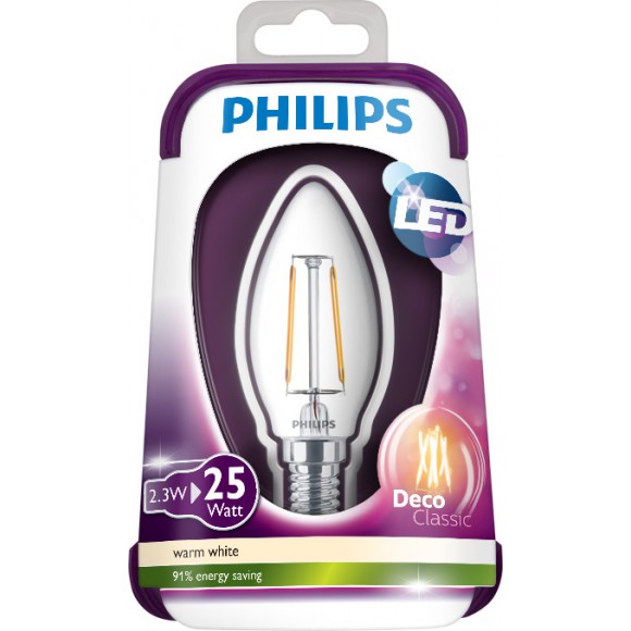 Philips LED Leuchtmittel 2,3W (25W) E14 WW B35 CL, transparent