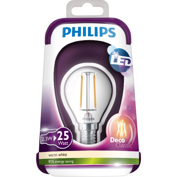 Philips LED Leuchtmittel 2,3W (25W) E14 WW P45 CL, transparent