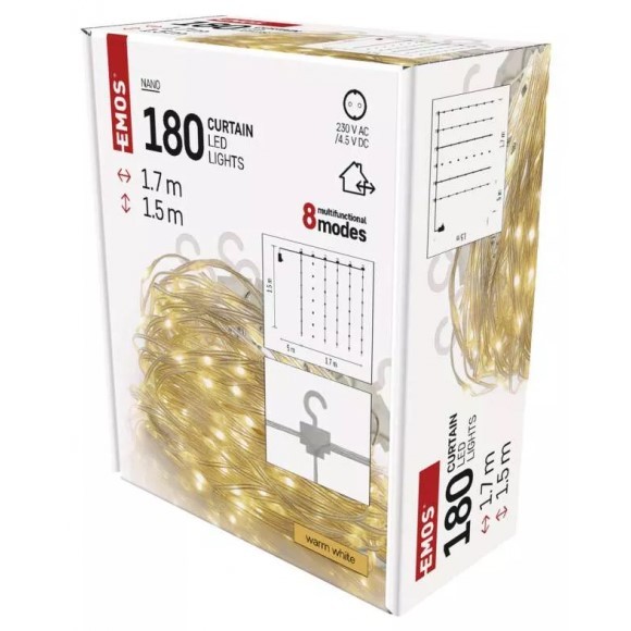 Emos D3EW02 Lichterkette - Vorhang Nano 1,7x1,5m 2,7W | 180 LEDs | 2700K | IP44 - warmweiß, 8 Modi, klar