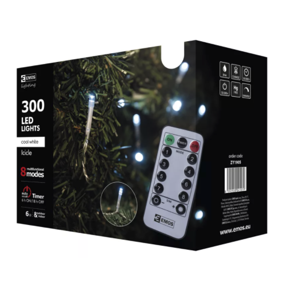 Emos ZY1905 LED Weihnachten Eiszapfen 5 m 6W | IP44 | 300 Leuchtmitteln - kaltweiß, Fernbedienung, Timer