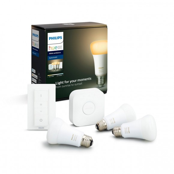 Philips Hue 8718699673345 Starter Kit 3x LED Lampe Dimmschalter + 9,5W Bridge | E27 - Bluetooth, White Ambiance