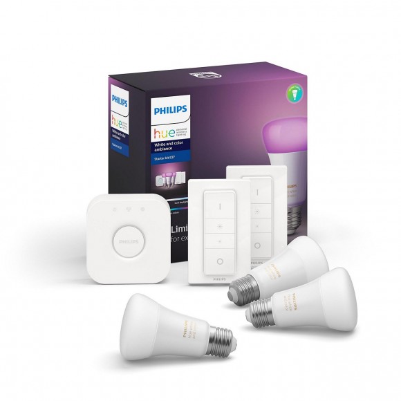 Philips Hue 8718699696917 Starter Kit 3x + LED Lampe + 2x Dimmschalter + Bridge 9W| E27 | - White and Color Ambiance