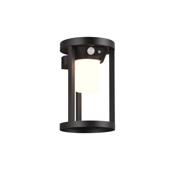 Trio 241069132 LED-Solar-Außenwandleuchte Carmo 1x2W | 130lm | 3000K | IP54 - Bewegungssensor und Orientierungslicht, Batteriebetrieb, Schalter an der Struktur, mattschwarz