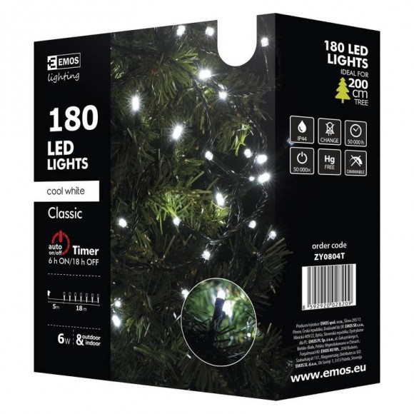 Emos ZY0804T LED Weihnachtslichterkette Classic 18 Meter 6W | IP44 | 180 Leuchtmitteln - kaltweiß, Timer