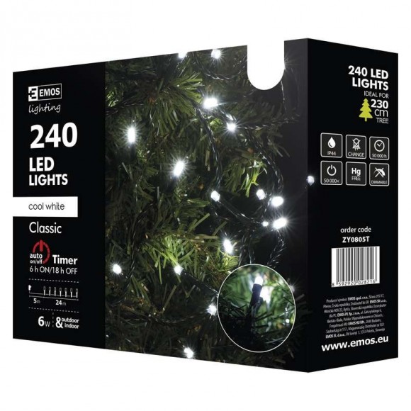 Emos ZY0805T LED Weihnachtslichterkette Classic 24 Meter 6W | IP44 | 240 Leuchtmitteln - kaltweiß, Timer