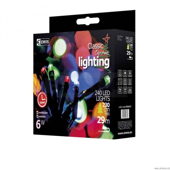 Emos ZY0815T LED Weihnachtslichterkette Classic 24 Meter 6W | IP44 | 240 Leuchtmitteln - mehrfarbig, Stoppuhr