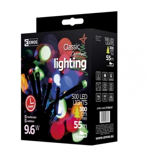 Emos ZY0816T LED WeihnachtslichTimerkette Classic 9W 50 m | IP44 | 500 Leuchtmitteln - mehrfarbig, Timer