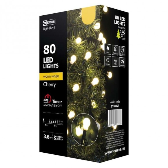 Emos ZY0902T LED Weihnachtslichterkette Cherry 8 Meter 3,6W | IP44 | 80 Leuchtmitteln - warmweiß, Timer