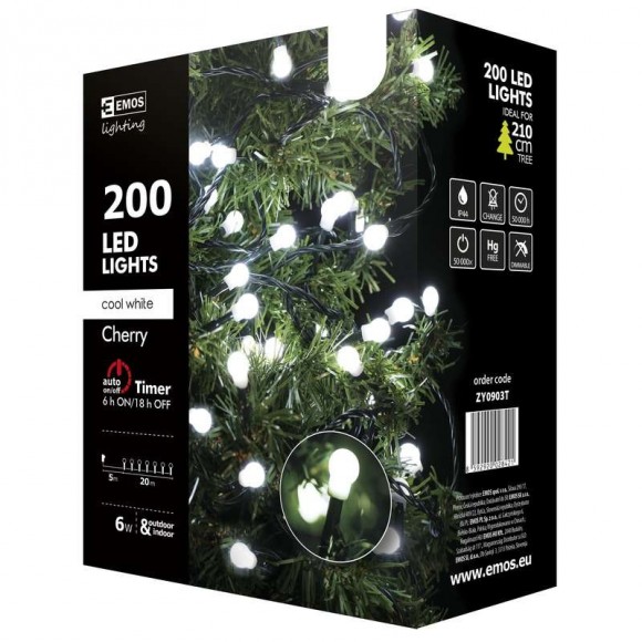 Emos ZY0903T LED Weihnachtslichterkette Cherry 20 Meter 6W | IP44 | 200 Leuchtmitteln - kaltweiß, Timer