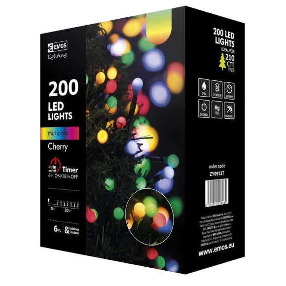 Emos ZY0912T LED Weihnachtslichterkette Cherry 20 Meter 6W | IP44 | 200 Leuchtmitteln - mehrfarbig, Stoppuhr