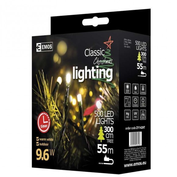 Emos ZY1429T LED Weihnachtslichterkette Classic 50 Meter 9W | IP44 | 500 Leuchtmitteln - warmweiß, Timer