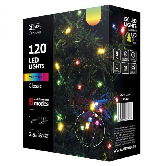 Emos ZY1451 LED Weihnachtslichterkette Classic 12 Meter 3,6W | IP44 | 120 Leuchtmitteln - mehrfarbig