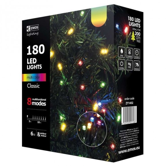 Emos ZY1452 LED Weihnachtslichterkette Classic 18 Meter 6W | IP44 | 180-Leuchtmitteln - mehrfarbig