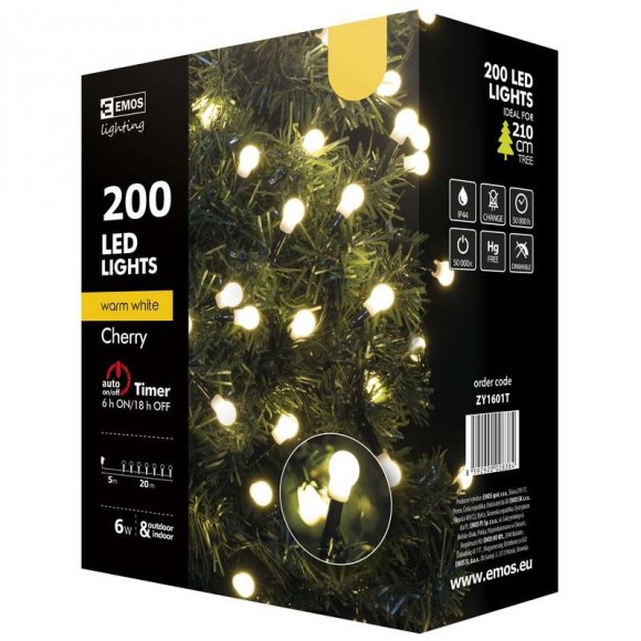 Emos ZY1601T LED Weihnachtslichterkette Cherry 20 Meter 6W | IP44 | 200 Leuchtmitteln - warmweiß, Timer