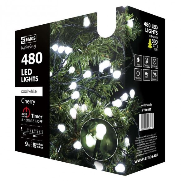 Emos ZY1604T LED Weihnachtslichterkette Cherry 48 Meter 9W | IP44 | 480 Leuchtmitteln - kaltweiß, Timer