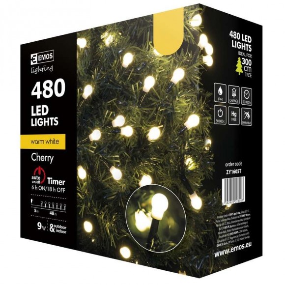 Emos ZY1605T LED Weihnachtslichterkette Cherry 48 Meter 9W | IP44 | 480 Leuchtmitteln - warmweiß, Timer