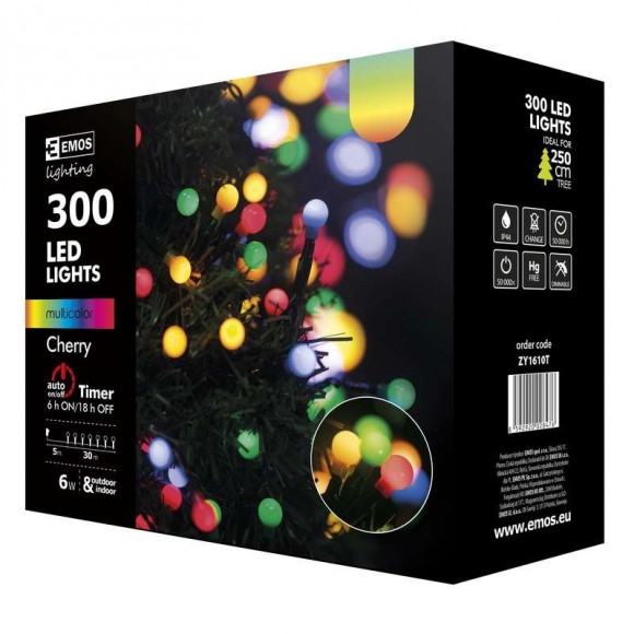 Emos ZY1610T LED Weihnachtslichterkette Cherry 30 Meter 6W | IP44 | 300 Leuchtmitteln - mehrfarbig