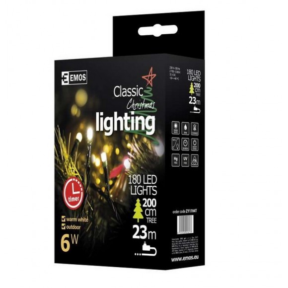 Emos ZY1704T LED Weihnachtslichterkette Classic 18 Meter 6W | IP44 | 180 Leuchtmitteln - warmweiß, Timer
