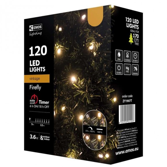 Emos ZY1907T LED Weihnachtslichterkette Cherry 12 Meter 3,6W | IP44 | 120 Leuchtmitteln - Funktion 50% leuchtet, 50% pulsiert