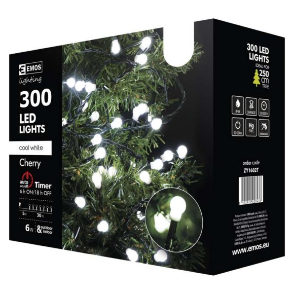 Emos ZY1602T LED Weihnachtslichterkette Cherry 30m 6W | IP44 | 300 Leuchtmitteln - kaltweiß, Timer